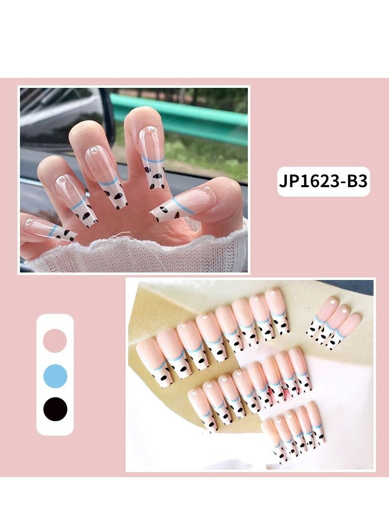 SYOSI Cow Print Nails Long Fake Nails with Pearl Glossy Press on Nails Coffin White False Nails Full Cover Artificia Nails for Women and Girls 24PCS/Set - Image 5