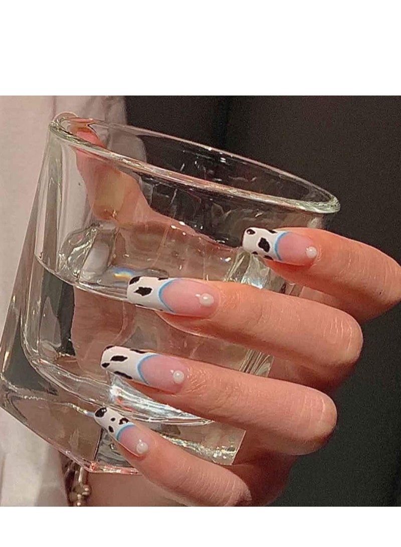 SYOSI Cow Print Nails Long Fake Nails with Pearl Glossy Press on Nails Coffin White False Nails Full Cover Artificia Nails for Women and Girls 24PCS/Set - Image 4