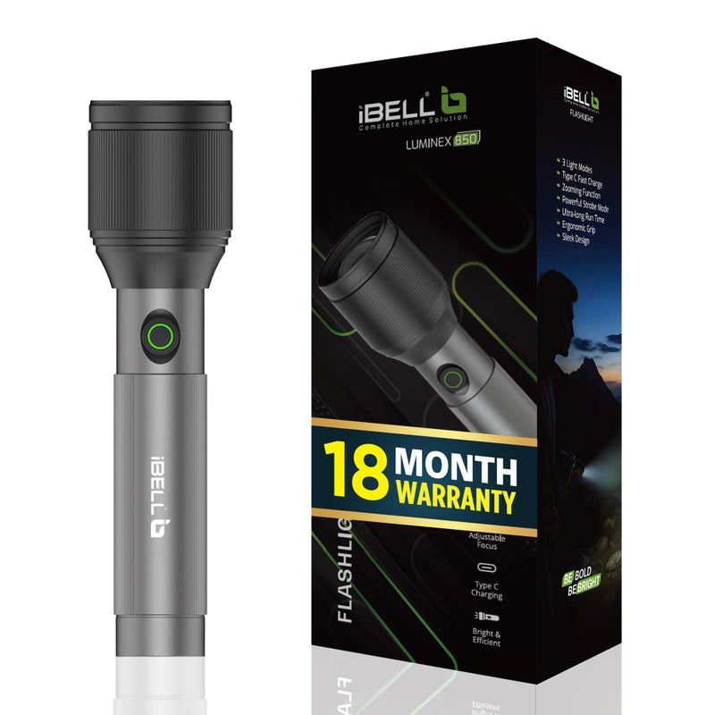 iBELL مصباح يدوي قابل لإعادة الشحن IBELL LUMINEX 850 عالي القوة، 3 أوضاع إضاءة، 15 واط، بطارية 2200 مللي أمبير، تكبير تلسكوبي، شحن نوع C، مصباح LED، مدى بعيد، للاستخدام المنزلي، الخارجي والطوارئ (رمادي) - Image 2