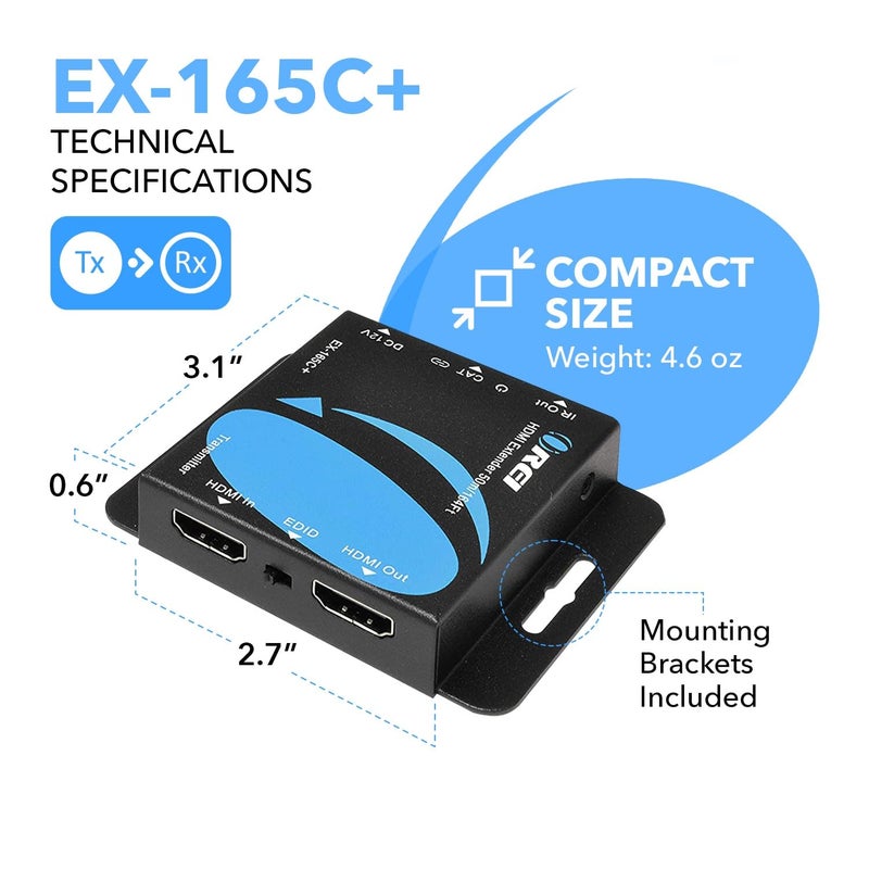 OREI 4K HDMI Extender over ethernet CAT5/CAT6/CAT7 Up To 165 Feet At 1080@60hz - HDMI 1.4 & HDCP 1.4 Compliant with One Way IR Pass Through, HDMI Loop Output & Power Over Cable - Image 5