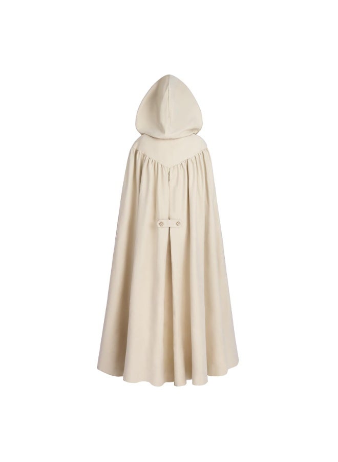 Medieval Renaissance Hooded Cloak, Beige Suede, 150cm Floor-Length Cape with Gold Trim and Brooch - Image 4