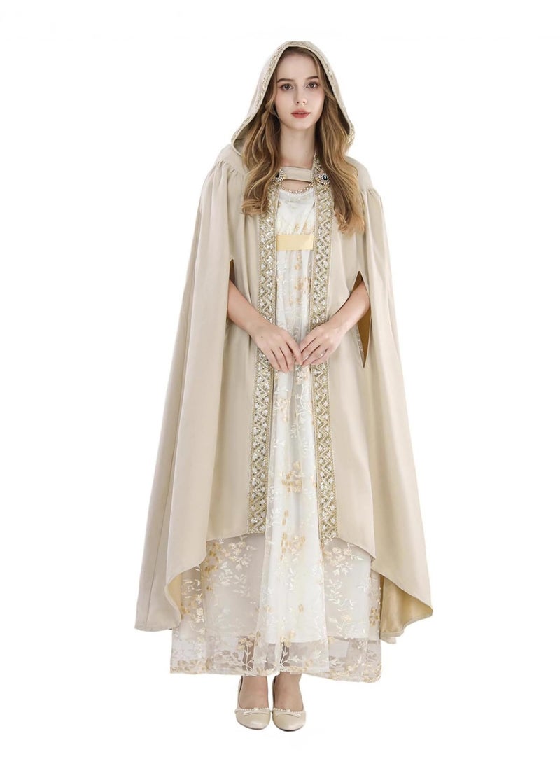 Medieval Renaissance Hooded Cloak, Beige Suede, 150cm Floor-Length Cape with Gold Trim and Brooch - Image 3