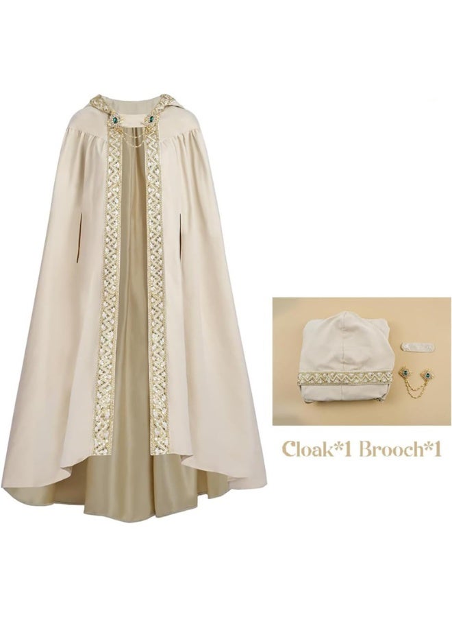 Medieval Renaissance Hooded Cloak, Beige Suede, 150cm Floor-Length Cape with Gold Trim and Brooch - Image 2