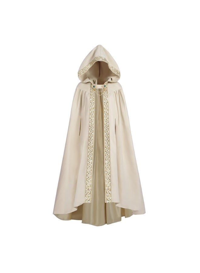 Medieval Renaissance Hooded Cloak, Beige Suede, 150cm Floor-Length Cape with Gold Trim and Brooch - Image 1