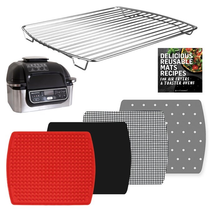 AIR FRYER RACK AND REUSABLE LINERS FOR NINJA FOODI GRILL 5IN1 AG301 4QT AIRFRYER ACCESSORIES REPLACEMENT FOR PARCHMENT PAPER HEAT RESISTANT MATS AND STAINLESS STEEL COOKING RACK BY