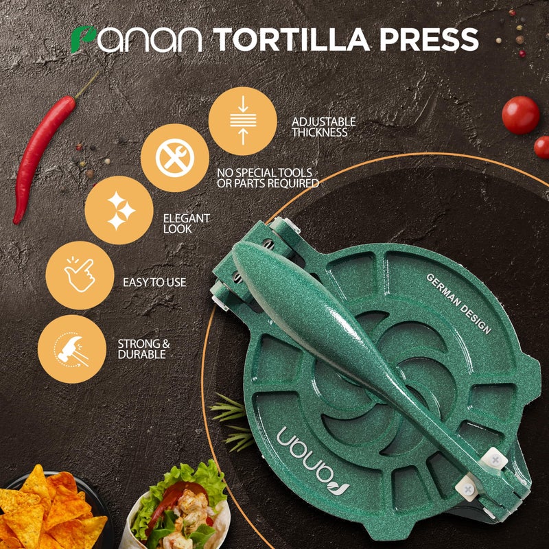 panan Tortilla Press with Adjustable Thickness Control 8 inch Mexican Tortillera Presser Made with Precision from Special Alu Alloy - Metal Pataconera with 50 Parchment Paper, Dough Cutter and Recipes eBook - Image 3