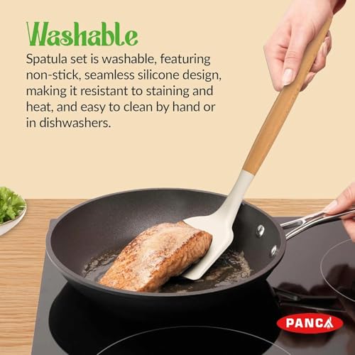 PANCA Silicone Non Stick Spatula Set of 3 with Wooden Handle | Heat Resistant Cooking & Serving Spoon Set | Silicone Kitchen Tools for Cooking, Baking, Mixing (White) - Image 4