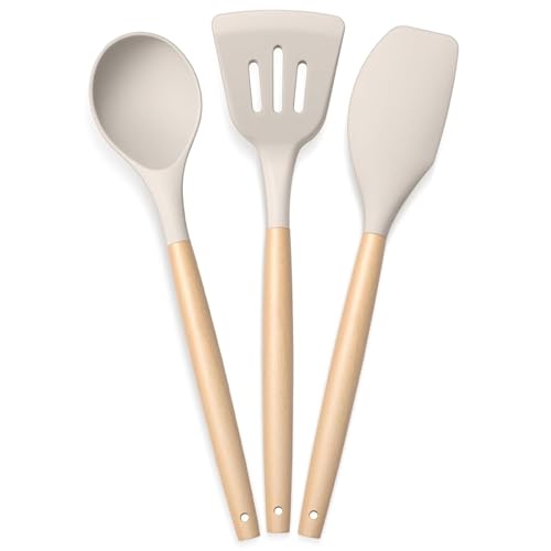 PANCA Silicone Non Stick Spatula Set of 3 with Wooden Handle | Heat Resistant Cooking & Serving Spoon Set | Silicone Kitchen Tools for Cooking, Baking, Mixing (White) - Image 1