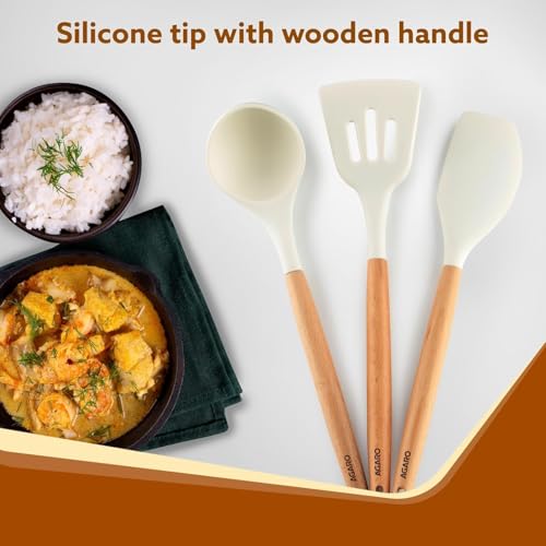 PANCA Silicone Non Stick Spatula Set of 3 with Wooden Handle | Heat Resistant Cooking & Serving Spoon Set | Silicone Kitchen Tools for Cooking, Baking, Mixing (White) - Image 3