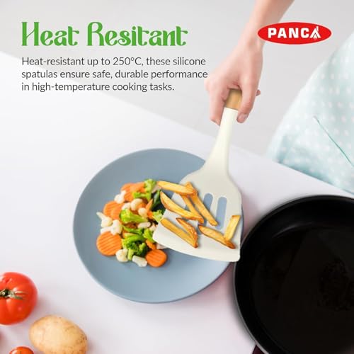PANCA Silicone Non Stick Spatula Set of 3 with Wooden Handle | Heat Resistant Cooking & Serving Spoon Set | Silicone Kitchen Tools for Cooking, Baking, Mixing (White) - Image 5