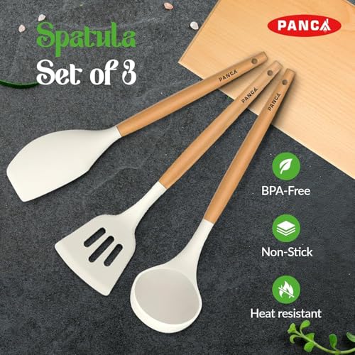PANCA Silicone Non Stick Spatula Set of 3 with Wooden Handle | Heat Resistant Cooking & Serving Spoon Set | Silicone Kitchen Tools for Cooking, Baking, Mixing (White) - Image 2