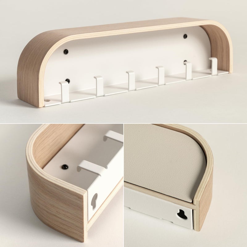 Kazai.Â® Key Holder 'Toke' | Minimalist Key Hook Design from Berlin | Modern Key Holder Wall Mount with Wooden Shelf | Key Rack for Wall as Entryway Organizer | Oak, White - Image 3