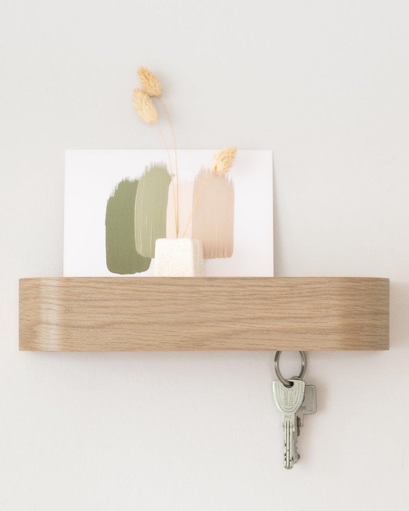 Kazai.Â® Key Holder 'Toke' | Minimalist Key Hook Design from Berlin | Modern Key Holder Wall Mount with Wooden Shelf | Key Rack for Wall as Entryway Organizer | Oak, White - Image 1