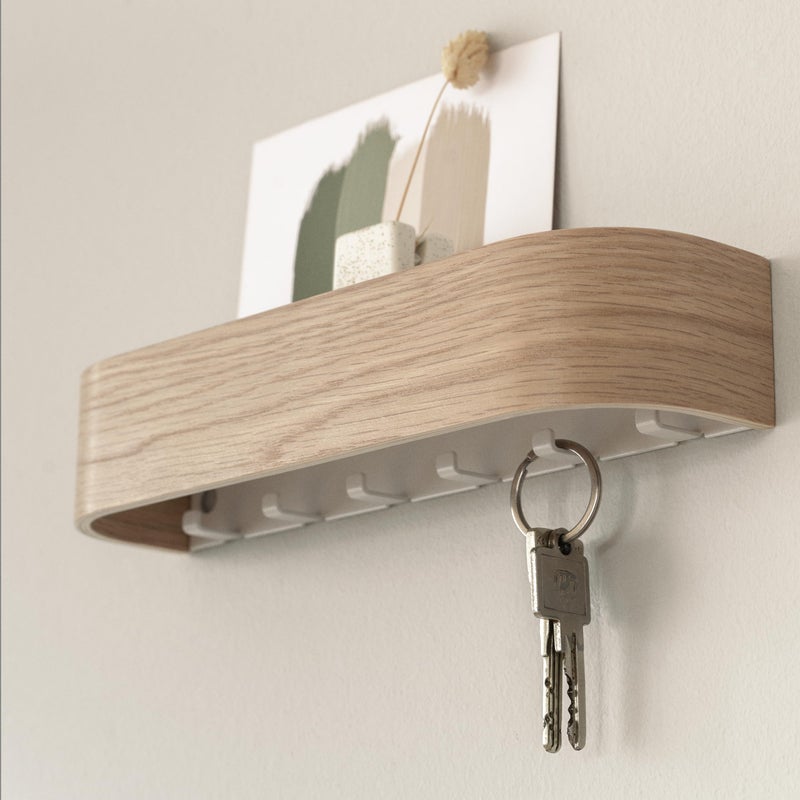 Kazai.Â® Key Holder 'Toke' | Minimalist Key Hook Design from Berlin | Modern Key Holder Wall Mount with Wooden Shelf | Key Rack for Wall as Entryway Organizer | Oak, White - Image 2