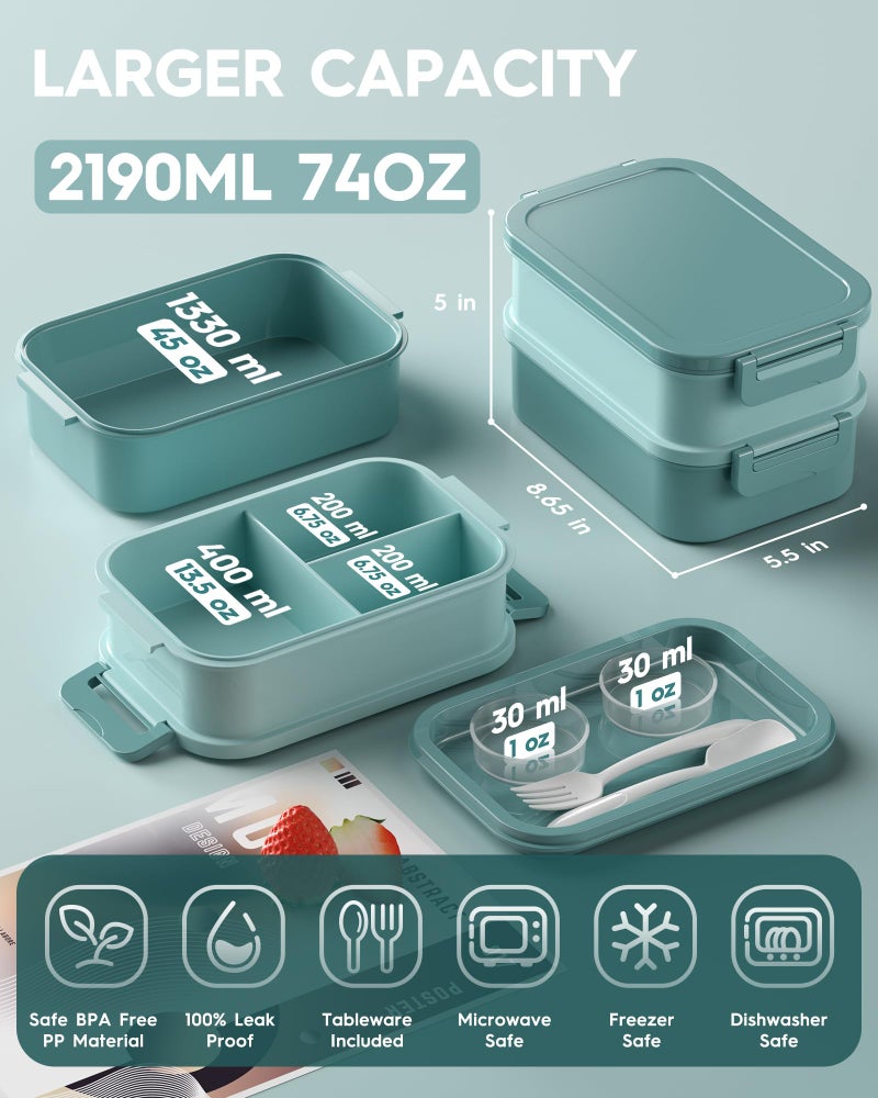 KEMETHY Adults Bento Lunch Box Set with Thermo Bag, 74oz Stackable Leak-proof 3-tiers Bento Box, Built-in Utensil and Sauce Container for Work, School, Dining Out (Green) - Image 2