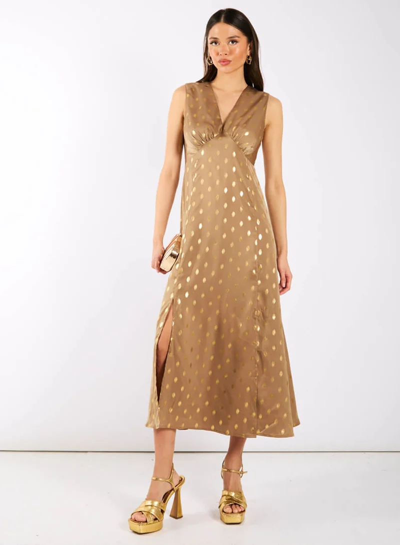 Light Brown Foil Satin Midi Dress