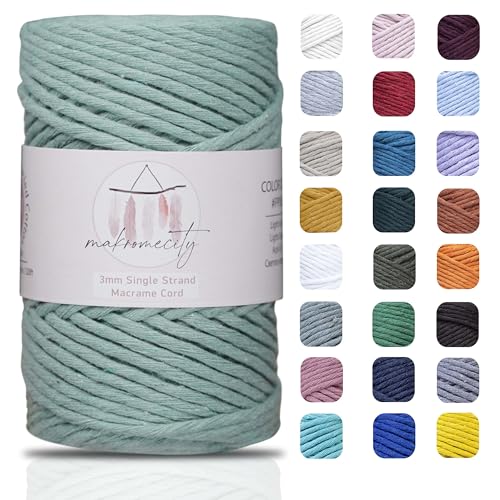 Makromecity, Single Strand Macrame Cord 3 mm x 100 Yards (300 feet) 3mm Single Strand Crepe Green Cotton Cord for Macrame Art & Crafts for Wall Hangings Recycled Cotton Cord Yarn(Crepe Green, 1 Skein) - Image 1