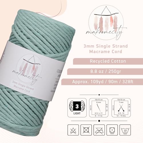 Makromecity, Single Strand Macrame Cord 3 mm x 100 Yards (300 feet) 3mm Single Strand Crepe Green Cotton Cord for Macrame Art & Crafts for Wall Hangings Recycled Cotton Cord Yarn(Crepe Green, 1 Skein) - Image 2