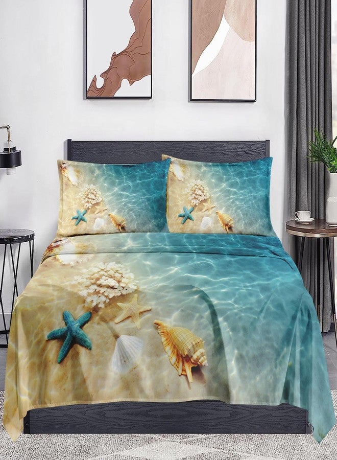WeCozy Full Size 4 Pcs Bed Fitted Sheet Set with 14" Deep Pocket, Summer Seashell Beach Flat Sheet Set for Kids and Adults, Blue Sea Shell Animal Bedding with 2 Pillowcases for Bedroom Decor - Image 2