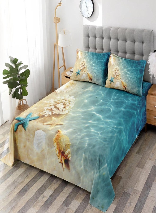WeCozy Full Size 4 Pcs Bed Fitted Sheet Set with 14" Deep Pocket, Summer Seashell Beach Flat Sheet Set for Kids and Adults, Blue Sea Shell Animal Bedding with 2 Pillowcases for Bedroom Decor - Image 4