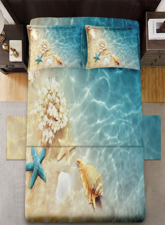 WeCozy Full Size 4 Pcs Bed Fitted Sheet Set with 14" Deep Pocket, Summer Seashell Beach Flat Sheet Set for Kids and Adults, Blue Sea Shell Animal Bedding with 2 Pillowcases for Bedroom Decor - Image 3