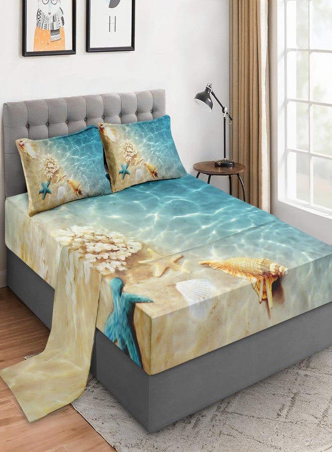 WeCozy Full Size 4 Pcs Bed Fitted Sheet Set with 14" Deep Pocket, Summer Seashell Beach Flat Sheet Set for Kids and Adults, Blue Sea Shell Animal Bedding with 2 Pillowcases for Bedroom Decor - Image 1