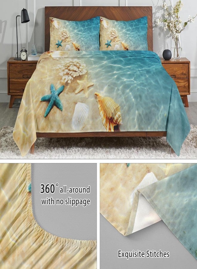WeCozy Full Size 4 Pcs Bed Fitted Sheet Set with 14" Deep Pocket, Summer Seashell Beach Flat Sheet Set for Kids and Adults, Blue Sea Shell Animal Bedding with 2 Pillowcases for Bedroom Decor - Image 5