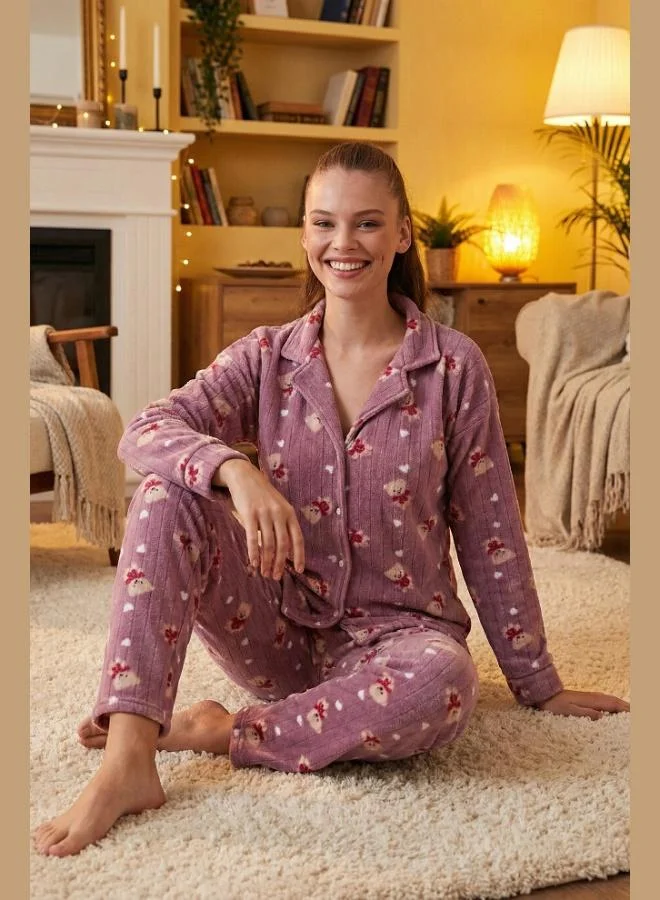 ليلا طقم بيجامة نسائي من الصوف القطبي بياقة قياسية وأزرار من ليلا