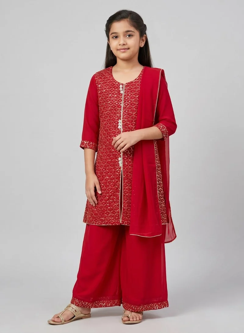 babyqlo Girls Red Embroidered Sharara Set With Dupatta