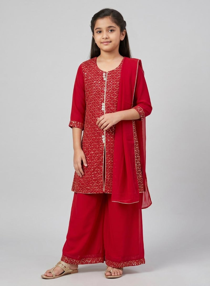 babyqlo Girls Red Embroidered Sharara Set With Dupatta - Image 1