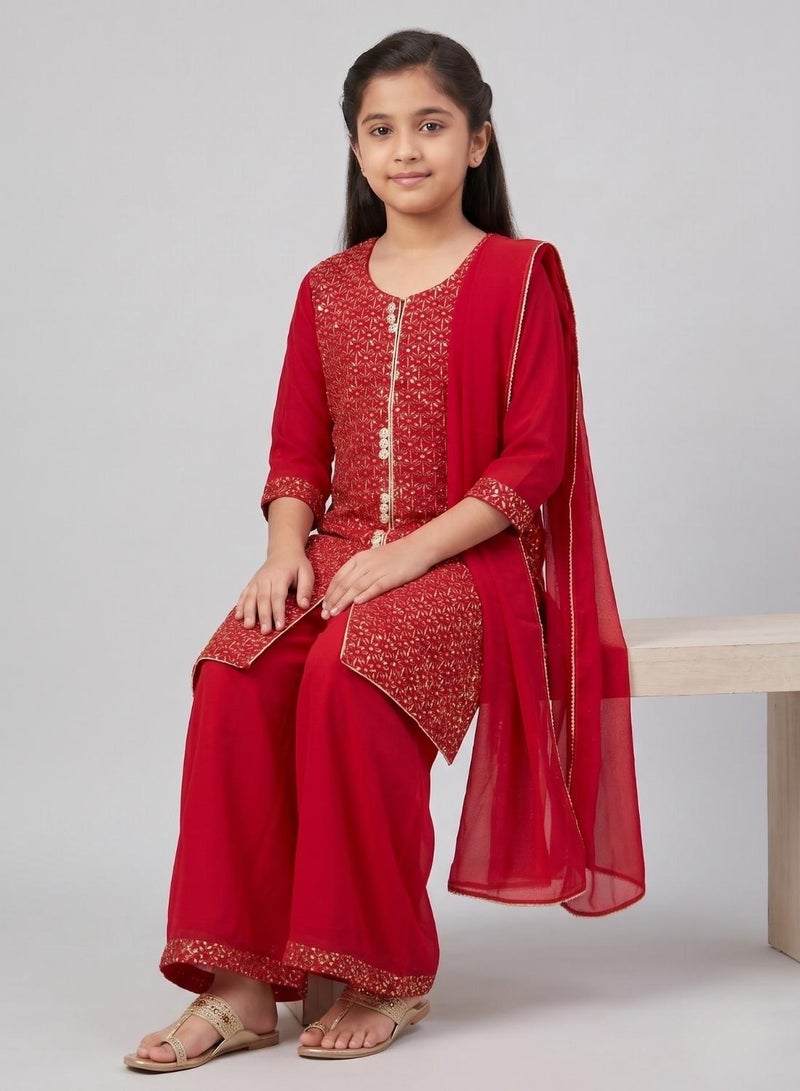 babyqlo Girls Red Embroidered Sharara Set With Dupatta - Image 4