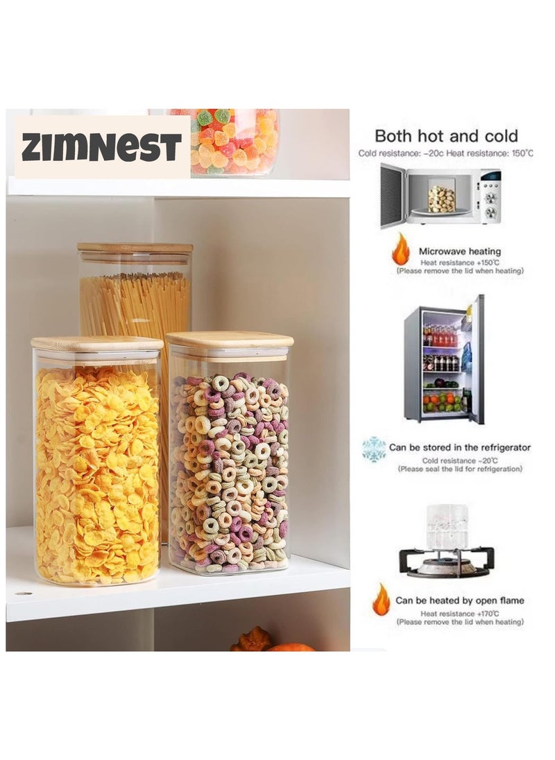 ZIMNEST - (1500ML/51OZ)2-Piece Set of Square Glass Storage Jars with Wooden Lids,  Airtight Food Containers, Preservation Jars & Storage Boxes for Pasta, Flour, Grains, Spices, Tea, Coffee Beans, & Other Kitchen Staples - Perfect for Long-Term Food Preservation & Organization - Image 1