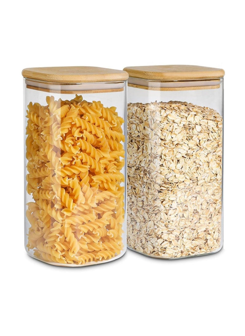 ZIMNEST - (1500ML/51OZ)2-Piece Set of Square Glass Storage Jars with Wooden Lids,  Airtight Food Containers, Preservation Jars & Storage Boxes for Pasta, Flour, Grains, Spices, Tea, Coffee Beans, & Other Kitchen Staples - Perfect for Long-Term Food Preservation & Organization - Image 1