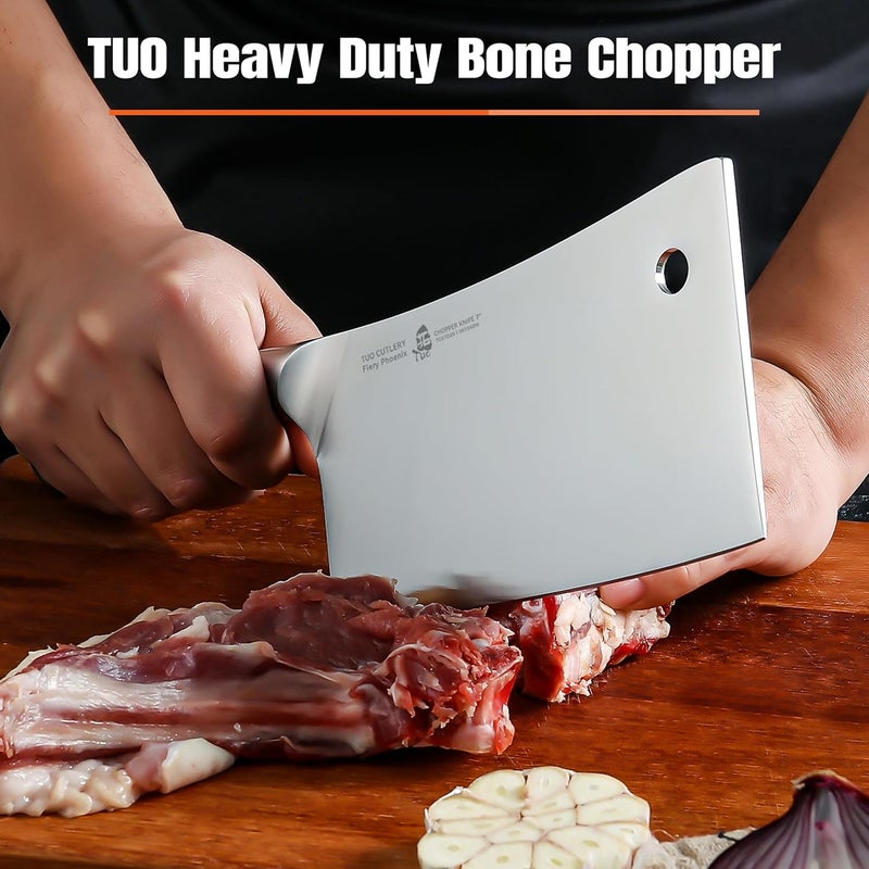 TUO Meat Cleaver, 7 inch Heavy Duty Bone Chopper, High Carbon German Stainless Steel Butcher Knife, Pakkawood Handle Kitchen Chopping Knife with Gift Box - Fiery Phoenix Series - Image 2