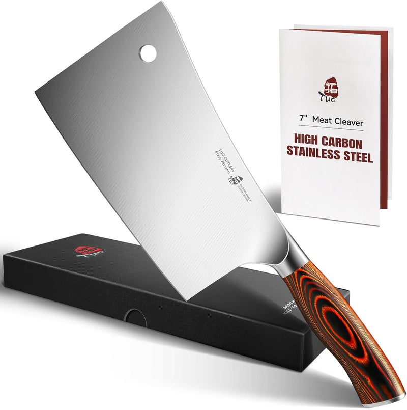 TUO Meat Cleaver, 7 inch Heavy Duty Bone Chopper, High Carbon German Stainless Steel Butcher Knife, Pakkawood Handle Kitchen Chopping Knife with Gift Box - Fiery Phoenix Series - Image 1