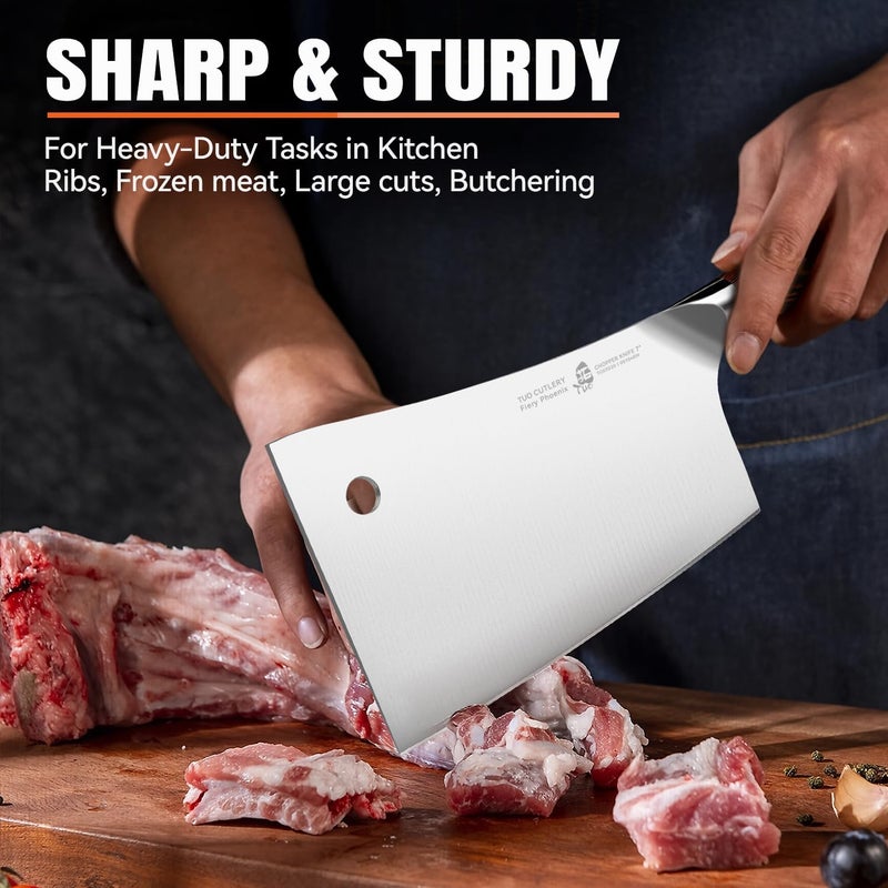 TUO Meat Cleaver, 7 inch Heavy Duty Bone Chopper, High Carbon German Stainless Steel Butcher Knife, Pakkawood Handle Kitchen Chopping Knife with Gift Box - Fiery Phoenix Series - Image 4