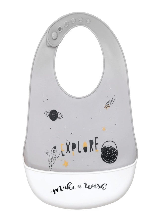 Yellow Bee Silicone Space Theme Bib with Crumb Catcher and Adjustable Closure for Boys, Grey, 6-36 Months - Image 1