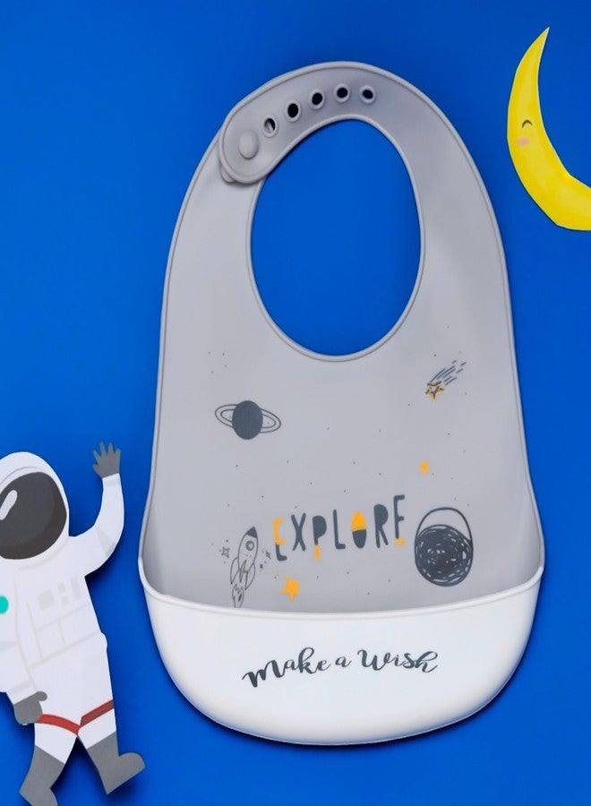 Yellow Bee Silicone Space Theme Bib with Crumb Catcher and Adjustable Closure for Boys, Grey, 6-36 Months - Image 2