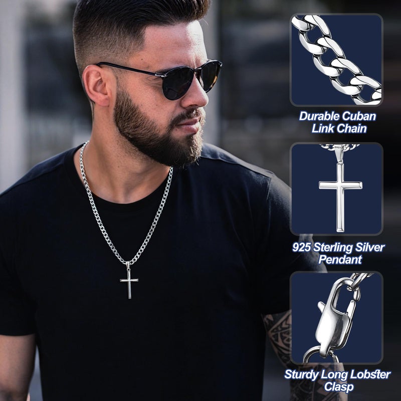 Besteel 925 Sterling Silver Cross Necklace Beveled Edge for Men Women 5mm Stainless Stee Non Tarnish Durable Cuban Link Curb Chain Crucifix Pendant Necklace Jewelry 20 Inches - Image 2