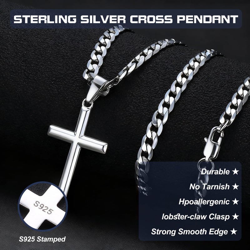 Besteel 925 Sterling Silver Cross Necklace Beveled Edge for Men Women 5mm Stainless Stee Non Tarnish Durable Cuban Link Curb Chain Crucifix Pendant Necklace Jewelry 20 Inches - Image 4