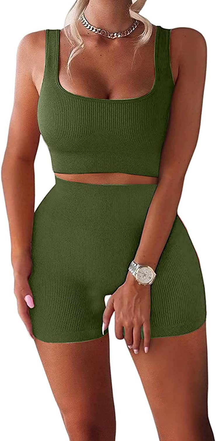 YESDOO Women's Workout Outfits Ribbed Tank 2 Piece Seamless High Waist Gym Outfit Yoga Shorts Leggings Sets - Image 5