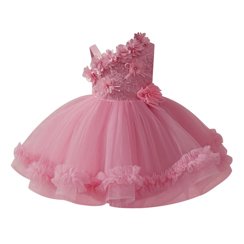 IMEKIS Flower Girls Dresses Toddler Tiered Tulle Asymmetric Shoulder Kids Fairy 1st 2nd Birthday Outfit Photoshoot Baby Formal Wedding Guest Tea Party Spring Pageant Easter Dusty Pink 912 Months - Image 2