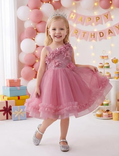 IMEKIS Flower Girls Dresses Toddler Tiered Tulle Asymmetric Shoulder Kids Fairy 1st 2nd Birthday Outfit Photoshoot Baby Formal Wedding Guest Tea Party Spring Pageant Easter Dusty Pink 912 Months - Image 3