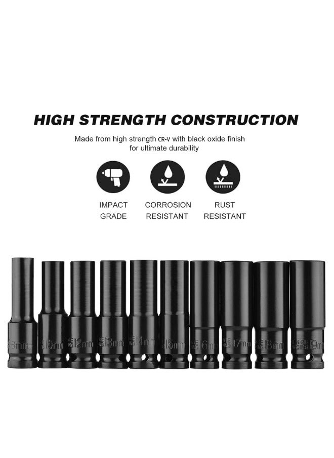 Chase Up Deep Impact Socket Set, 1/2Inch Drive Hex Impact Socket Set 10-Piece Deep Socket Metric Sizes 8-19mm CR-V Material with Storage Box  - Image 2