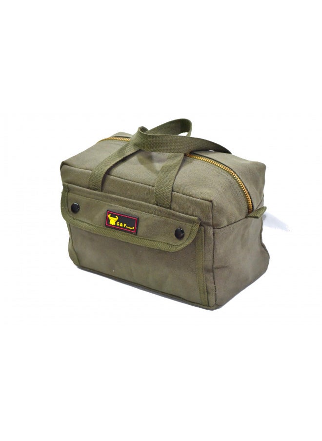 G & F Products G & F Products Government Issued Style Mechanics Heavy Duty Tool Bag with Brass zipper and side pockets, tool bag for cars, drill, garden, and electrician. Olive Green , 11" x 7" x 6"  - Image 1