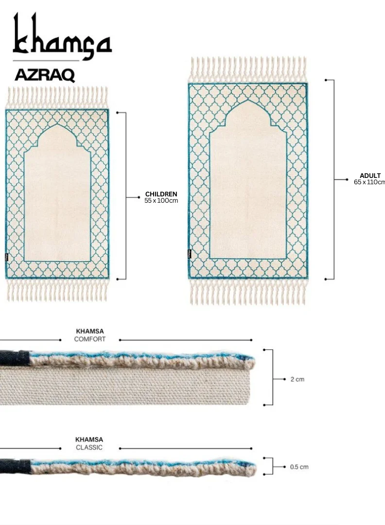 KHAMSA Comfort | Muslim Prayer Rug Prayer Mat with Added Foam Padding for Pressure Relief and Motion Absorption Adult Size 65 cm x 110 cm Arabic Style Janamaz in 100% Soft Organic Cotton Fabric Handcrafted Arabic Design | Azraq - Blue