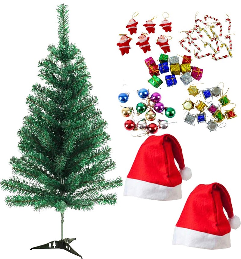 Evisha 3 Feet Long Artificial Christmas Tree 2 Santa Caps and 6 Red Santa 12 Multi Balls 12 Drum 12 Candy 12 Gift 54 Pcs Hanging XMass Christmas Decoration - Image 1