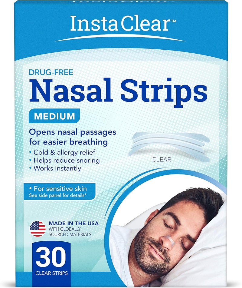 Nasal Breathing Strips, Clear Medium 30 ct | Works Instantly, Nasal Congestion Relief, Stops Snoring, Cold & Allergy