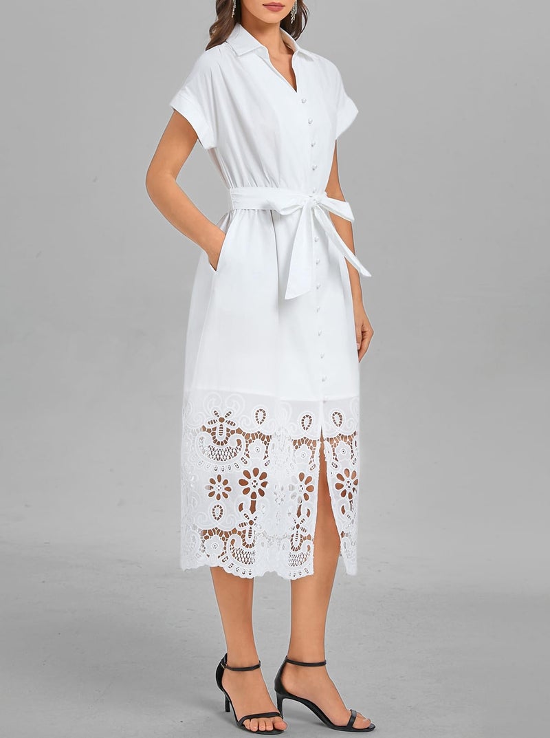 Ladyful Women's Button Down Shirt Dress Belted Short Sleeve Midi Dresses Hollow Collared Business Elegant A-Line Dress White - Image 2