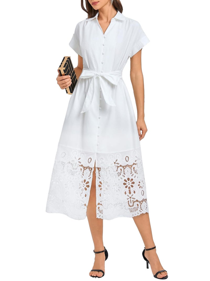 Ladyful Women's Button Down Shirt Dress Belted Short Sleeve Midi Dresses Hollow Collared Business Elegant A-Line Dress White - Image 1